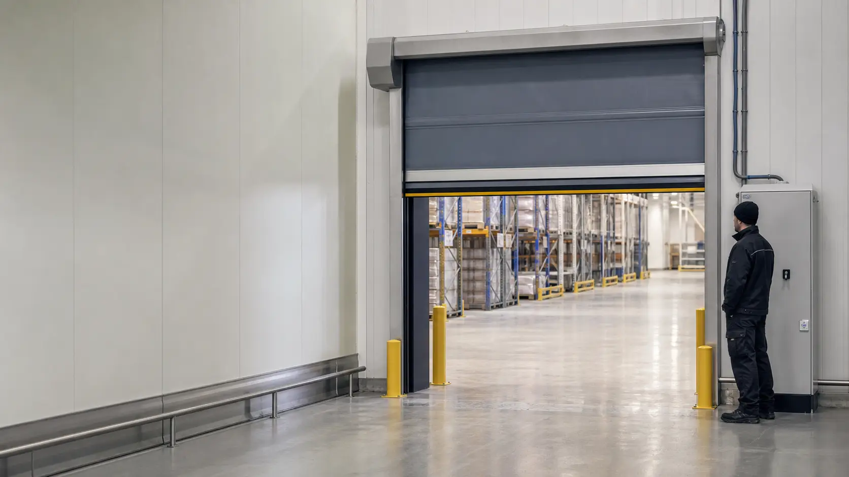 Engineer inspecting a high-speed industrial door beside its control cabinet