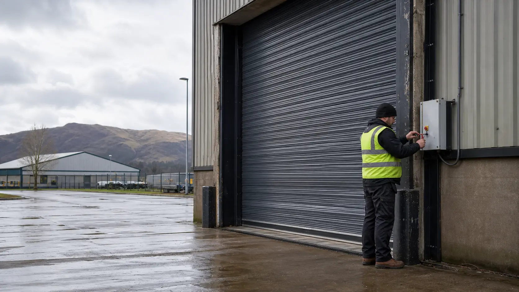 Engineer inspecting a heavy industrial roller door on a North Wales industrial estate