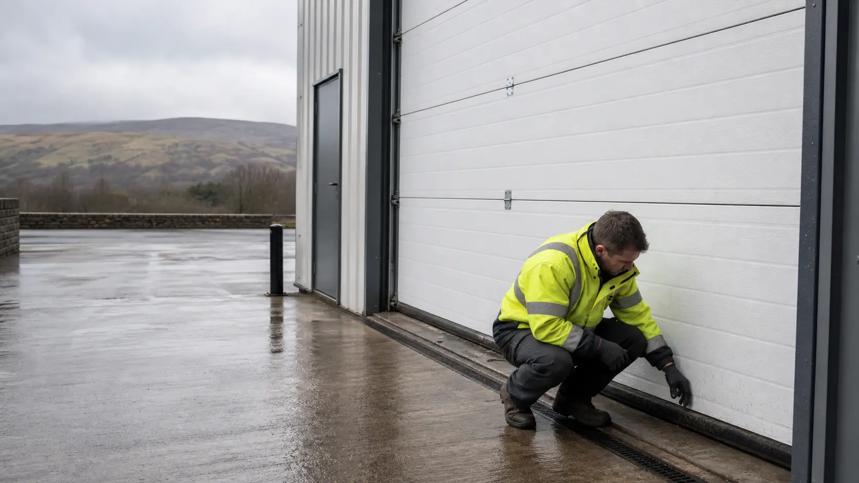 Engineer inspecting the lower seal and roller area of a sectional overhead door