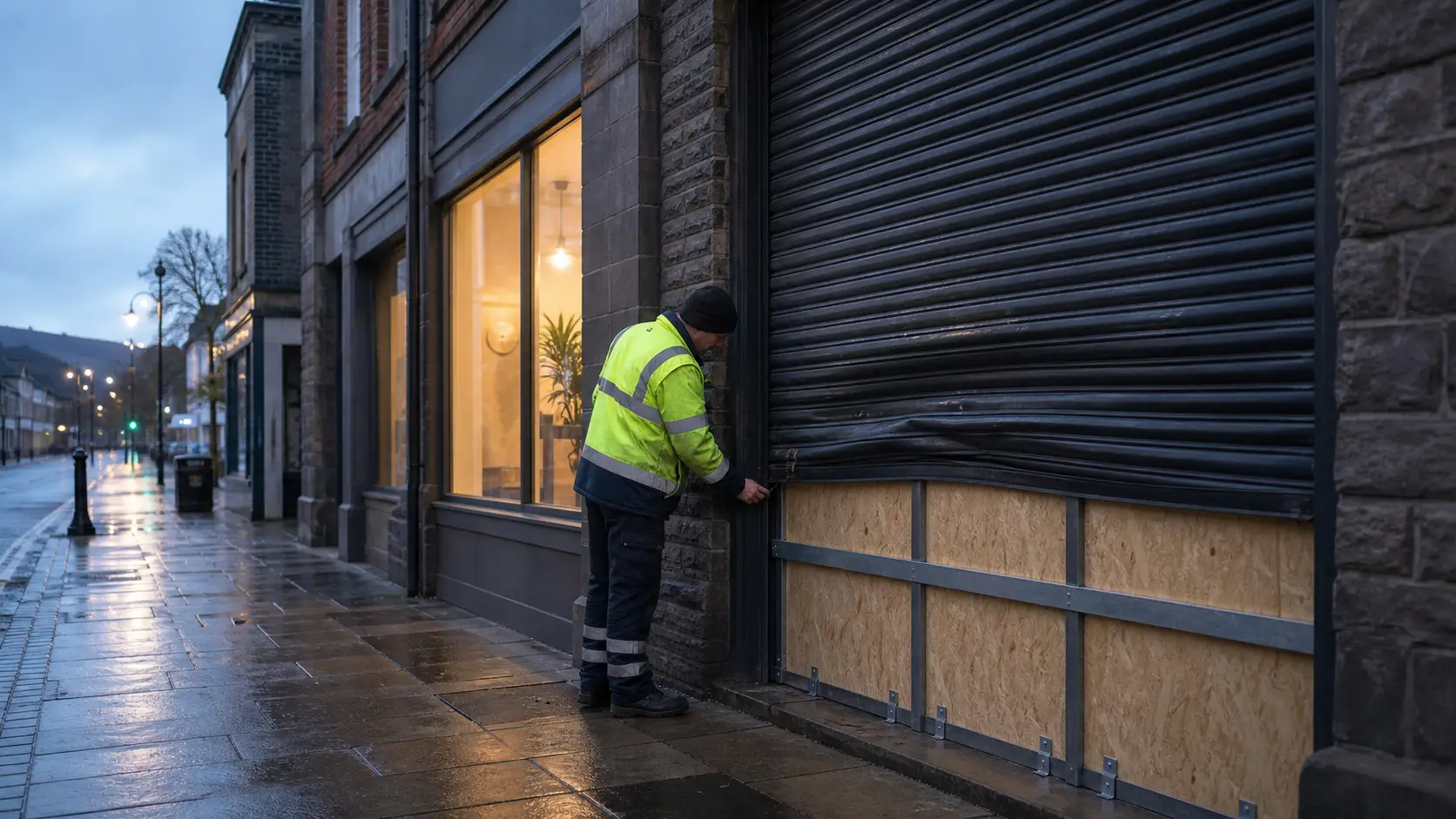 Engineer inspecting a temporary make-safe panel at a damaged security shutter